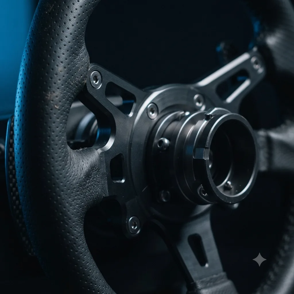Close-up of a formula-style sim racing wheel's machined metal hub and quick-release collar, with perforated leather grips, lit blue from the side.